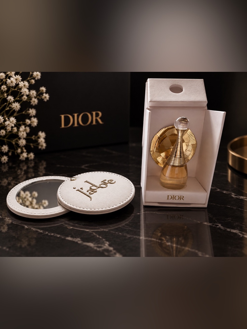 Dior White Leather J'adore Compact Mirror with Gold Logo